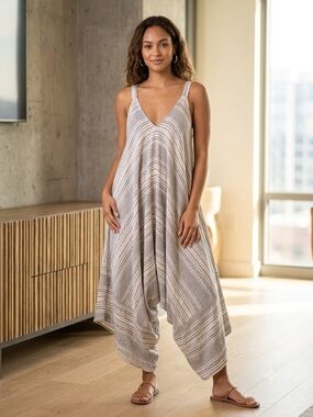 Aakaa Striped V-Neck Relaxed Harem Wide Leg Jumpsuit